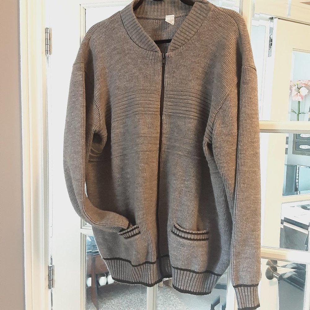 Vintage Men's Tan Brown Grandpa Wool Blend Zippered Sweater Cardigan | Large
